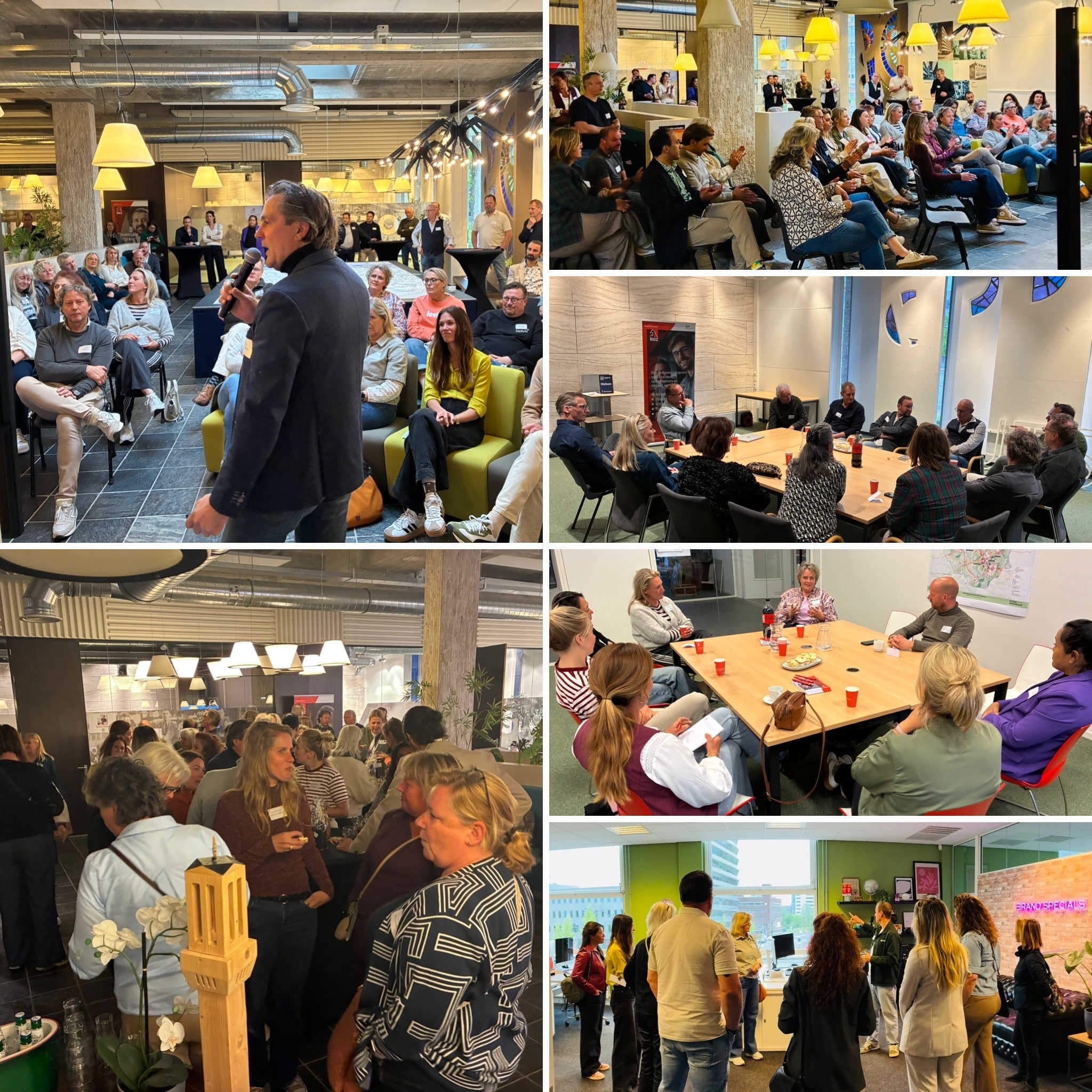 Een overzicht met verschillende foto's van de avond. Waarbij groepen ondernemers met elkaar in gesprek zijn.